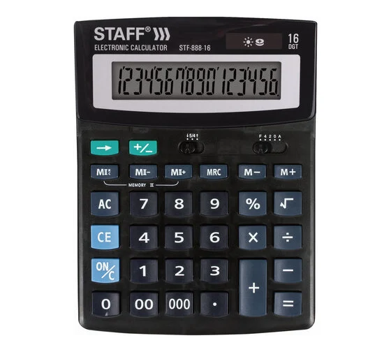 Калькулятор настольный STAFF STF-888-16 (200х150мм), 16 разрядов, двойное питание, 250183