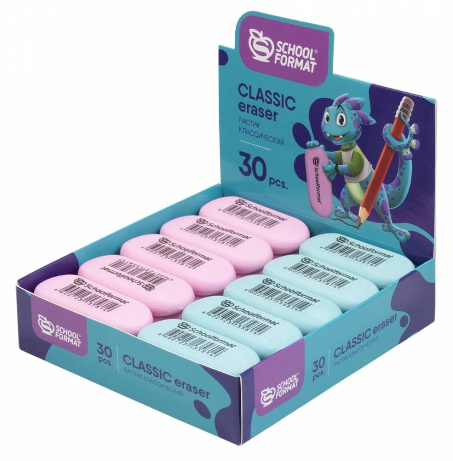 Ластик Schoolformat CLASSIC SMART DINO резина 52х25х6 мм овальный ассорти мягкий индив. штрих-код