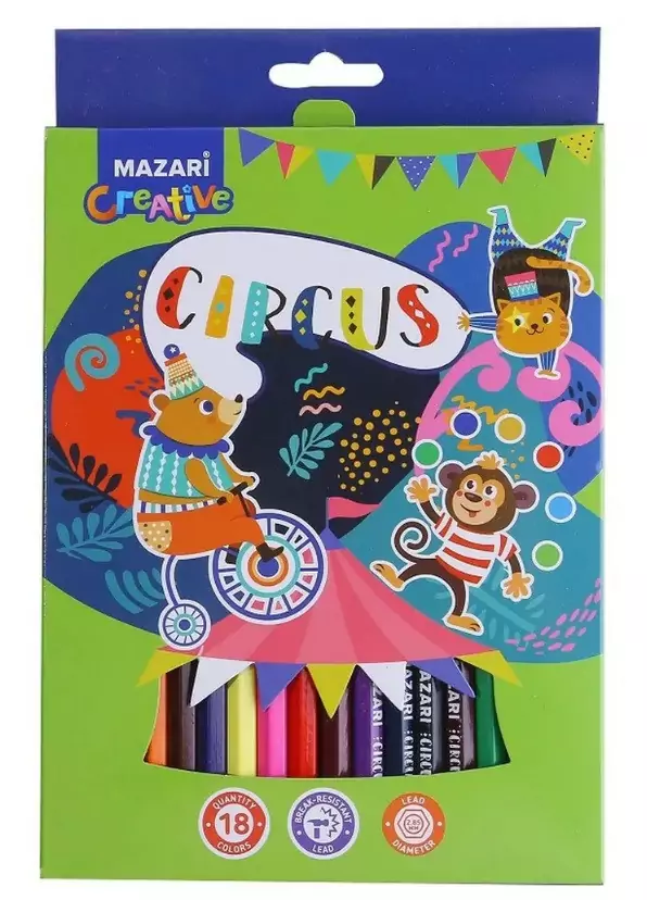 Карандаши цветные деревянные CIRCUS, 18 цв., шестигранный корпус, d грифеля = 2.85 мм, картонная упаковка с европодвесом