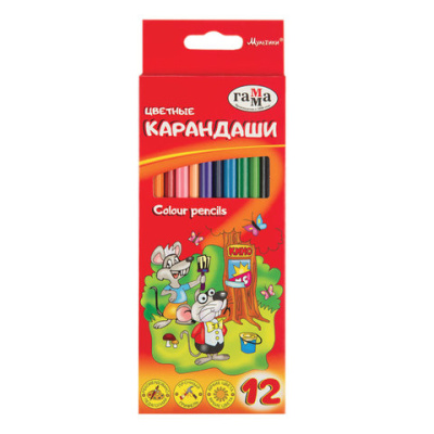 Карандаши цветные Гамма "Мультики", 12цв., трехгранные, заточен., картон. упаковка, европодвес