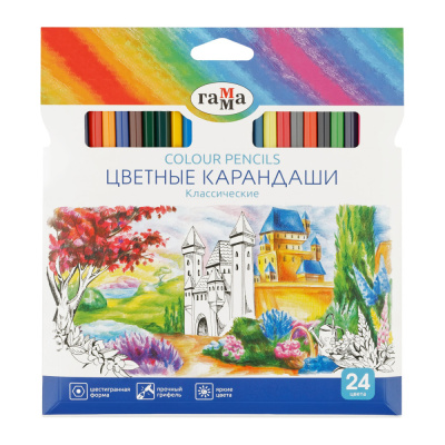 Карандаши цветные Гамма "Классические", 24цв., заточен., картон. упаковка, европодвес  "Замок"