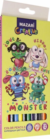 Карандаши цветные деревянные MONSTER, 12 цв., шестигранный корпус, d грифеля = 2.65 мм, картонная упаковка с европодвесом