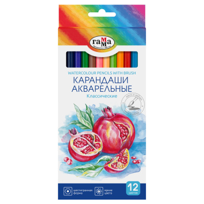 Карандаши акварельные Гамма "Классические", 12цв., шестигранные, заточен., с кистью, картон. упак., европодвес