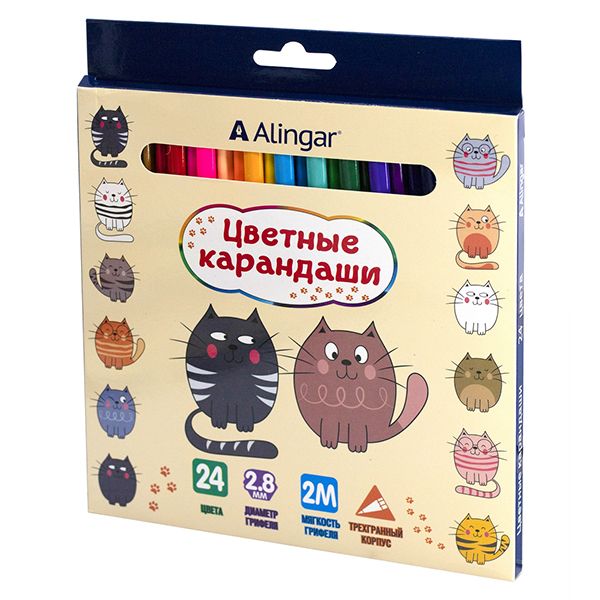 Карандаши цветные Alingar 24 цв. "Котята" деревянные, трехгранные, заточенные, грифель 2.8 мм, картон. уп., европод.