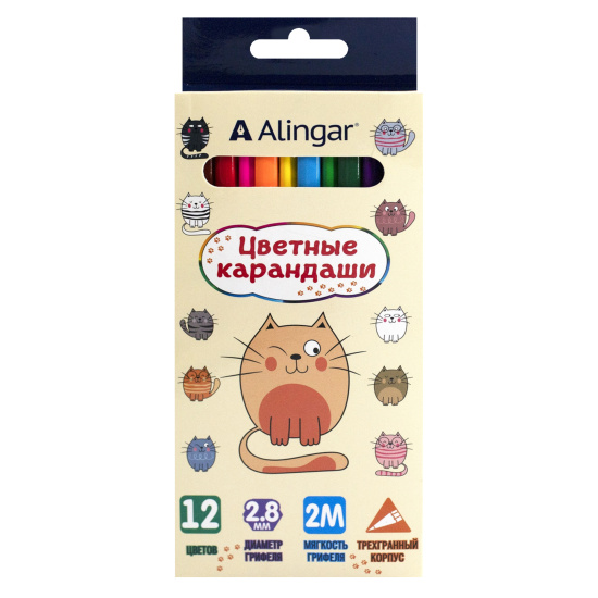 Карандаши цветные Alingar 12 цв. "Котята" деревянные, трехгранные, заточенные, грифель 2.8 мм, картон. уп., европод.