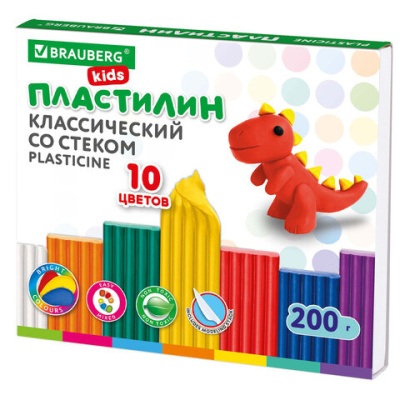 Пластилин классический BRAUBERG KIDS, 10 цветов, 200 г, СО СТЕКОМ, 106504