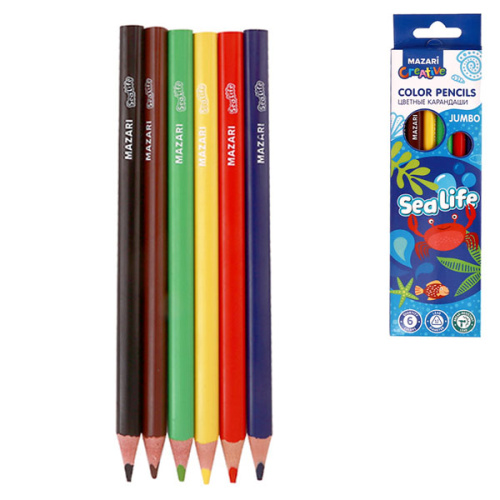 Карандаши цветные пластиковые SEA LIFE, Jumbo, 6 цв., трехгранный корпус, d грифеля = 4 мм, картонная упаковка с европодвесом