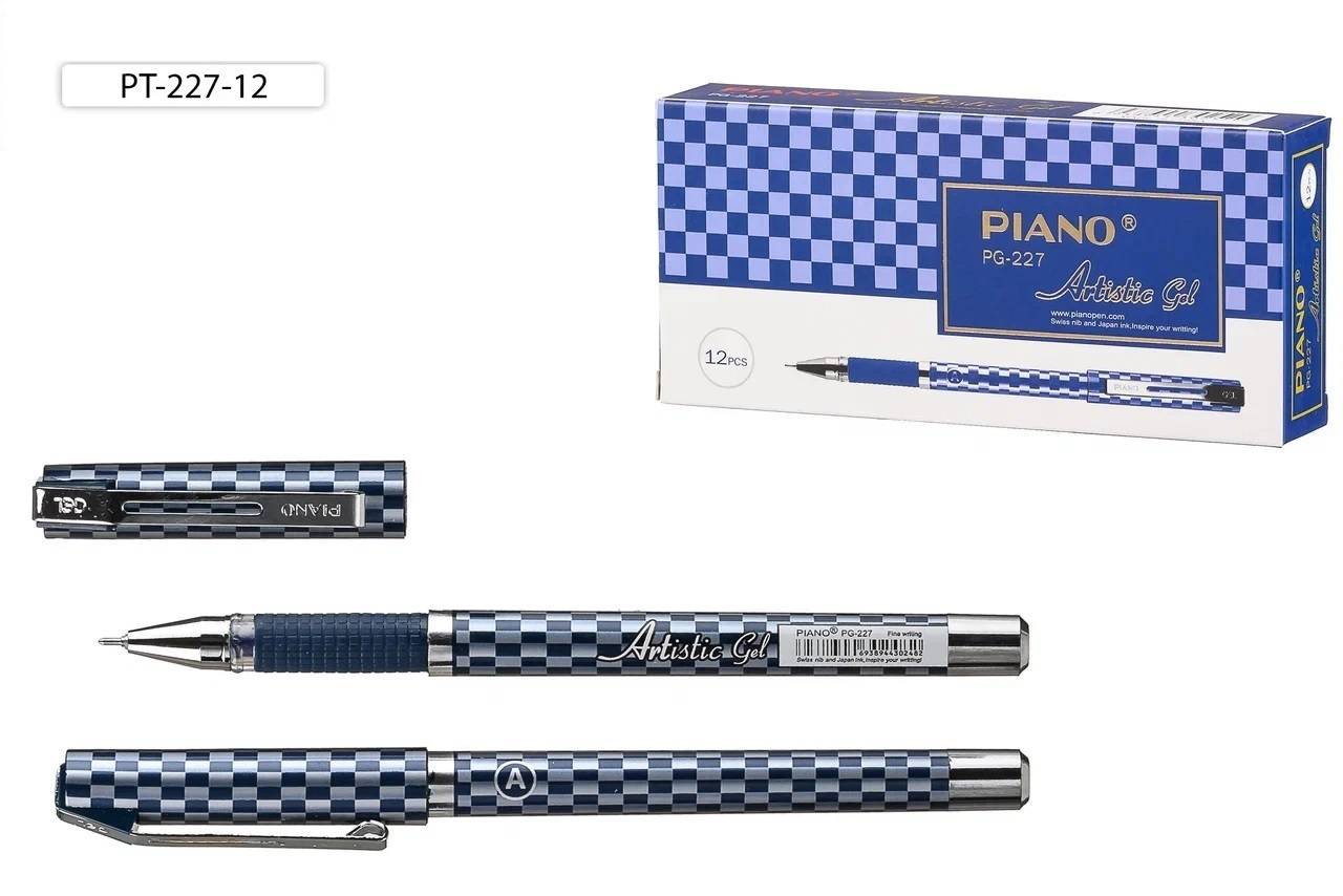 Гелевая ручка  "Piano Artistic Gel ": сине-серебристый рисунок-шашки, игольчатый наконечник, резиновый держатель, диаметр пишущего узла-0,5 mm