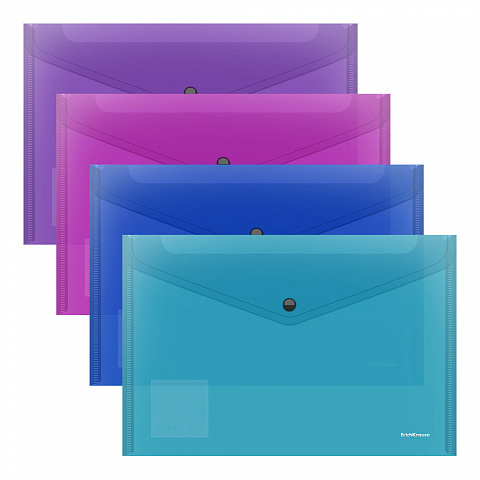 Папка-конверт на кнопке пластиковая ErichKrause® Glossy Vivid, A4, полупрозрачный, ассорти