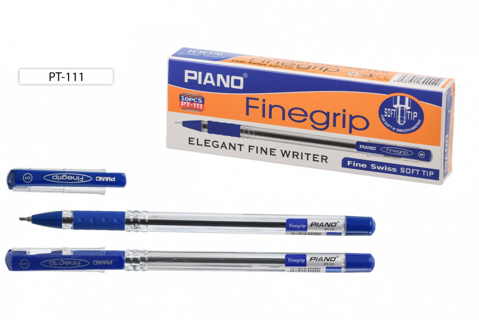 Ручка шариковая с чернилами на масляной основе "Piano Finegrip" , прозрачный корпус,игольчатый стержень, резиновый держатель, прозрачный колпачок с цветным клипом, цвет чернил-синий.0,5 mm.
