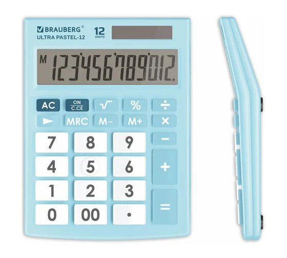 Калькулятор настольный BRAUBERG ULTRA PASTEL-12-LB (192x143 мм), 12 разрядов, двойное питание, ГОЛУБОЙ, 250502