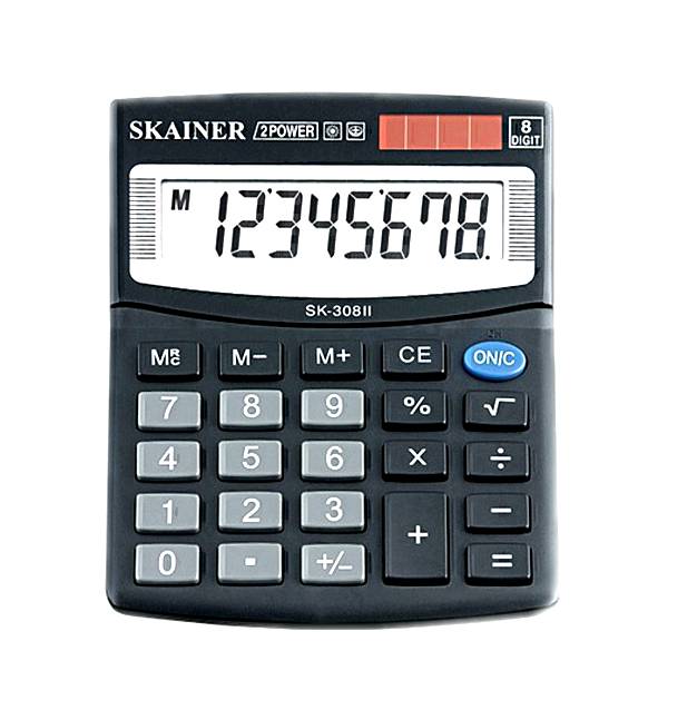 Калькулятор SKAINER настольный маленький 100х124х32 мм, 8 разрд., 2 пит., черный