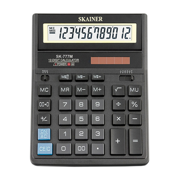 Калькулятор SKAINER 12 разрядов, 157*200*32 мм, черный, "SK-777М"