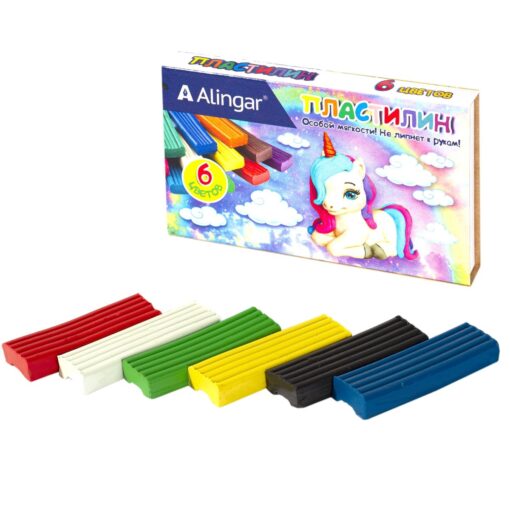Пластилин Alingar, 6 цветов, 90 гр., без стека, картонная упаковка, "Единорожка"