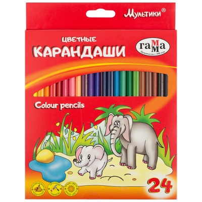Карандаши цветные Гамма "Мультики", 24цв., трехгранные, заточен., картон. упаковка, европодвес