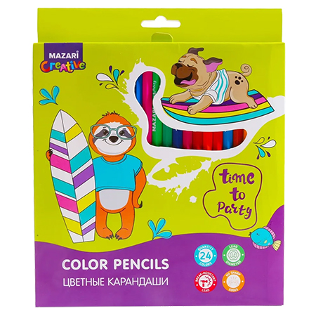 Карандаши цветные пластиковые TIME TO PARTY, 24 цв., шестигранный корпус, d грифеля = 2.6 мм, картонная упаковка с европодвесом