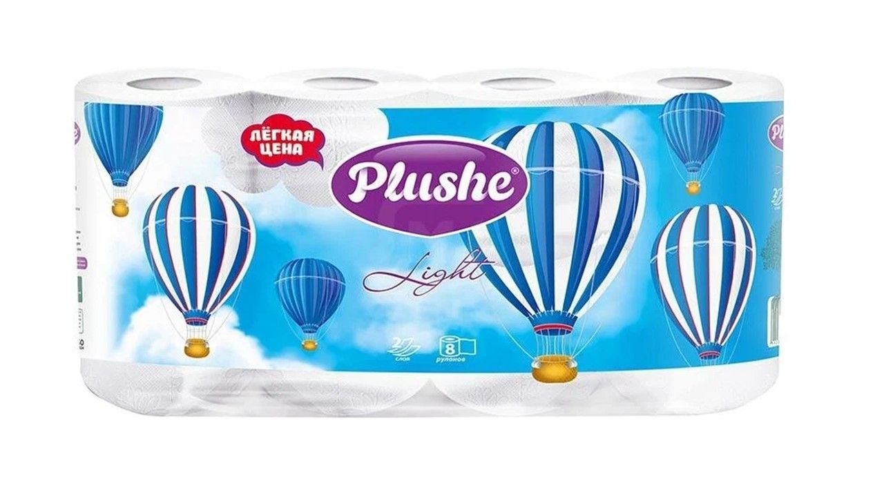 Туалетная бумага Plushe Light белая, 2 слоя, 8 рулонов