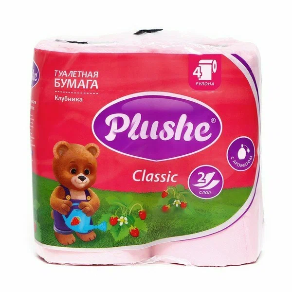 Туалетная бумага Plushe Classic Клубника 2-х слойная 4 рулона, 18м. 0232