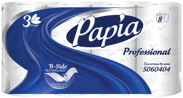 Бумага туалетная, спайка 8 шт., 3-слойная (8х17 м) Papia Professional, белая,