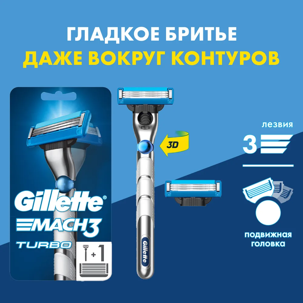 Станок для бритья `GILLETTE` `MACH3` TURBO 3D с 2 сменными кассетами