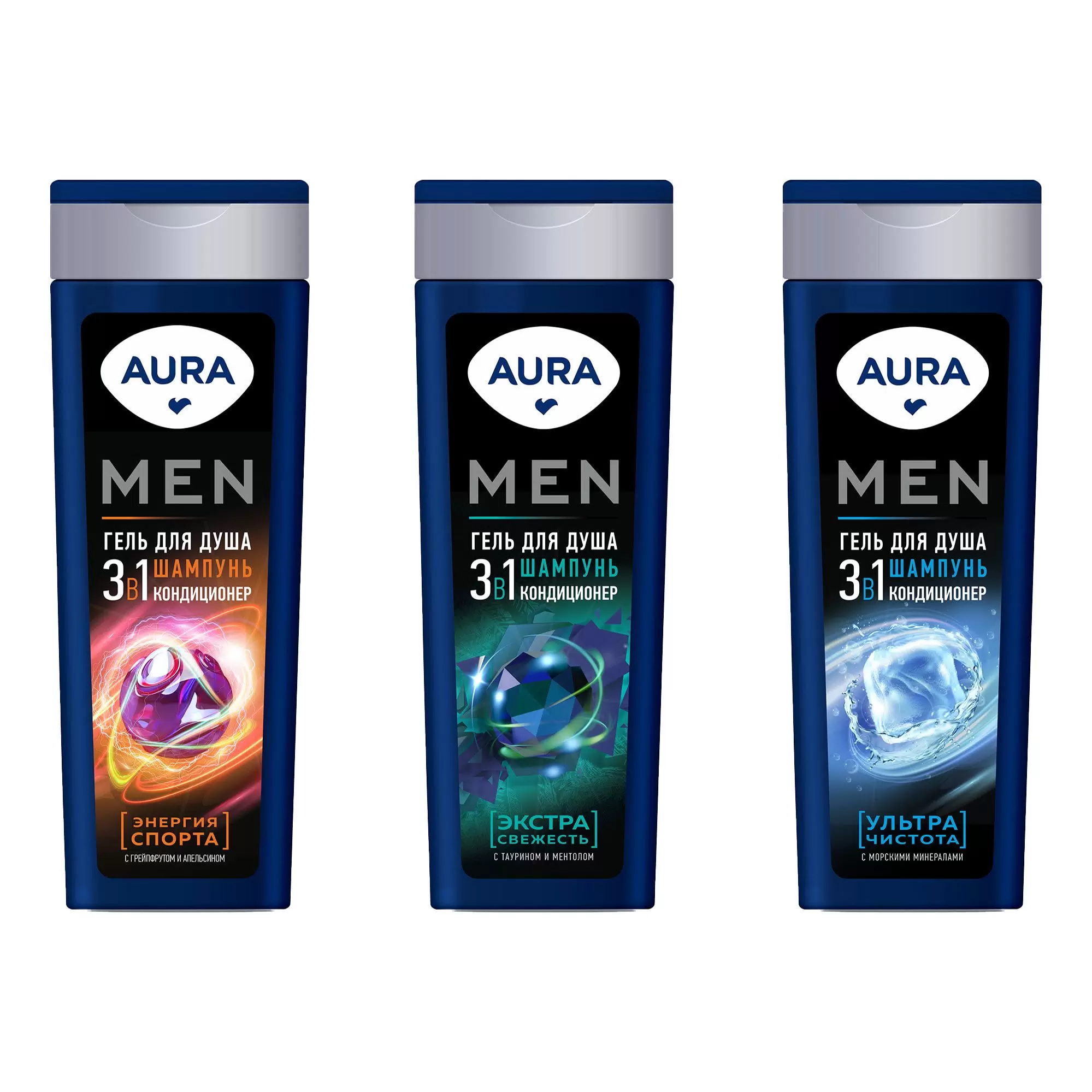 Гель для душа 3в1 AURA Men Экстра Свежесть 380мл