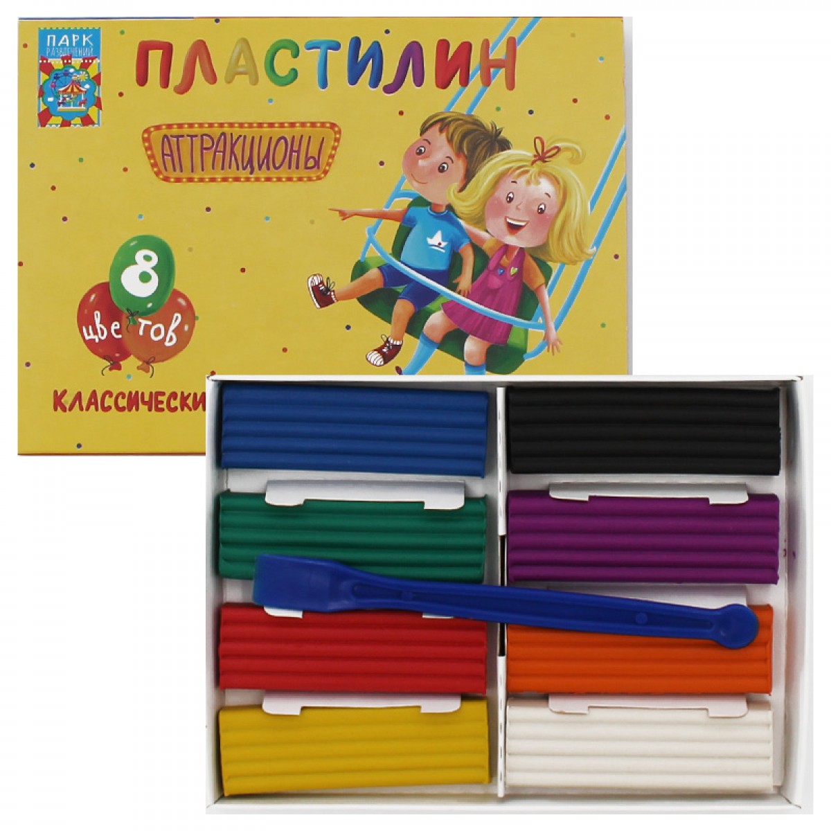 Пластилин классический Мегапласт "Аттракционы" 8цв. 160гр. Со стеком
