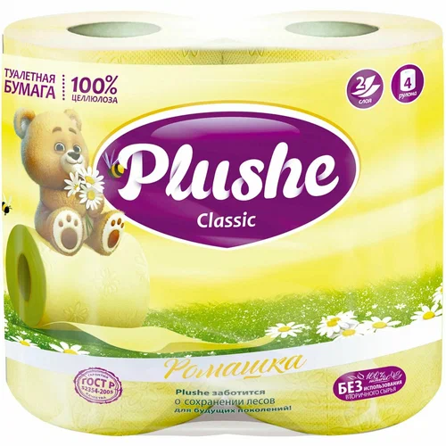 Туалетная бумага Plushe Classic Ромашка 2-х слойная 4 рулона, 18м. 0263