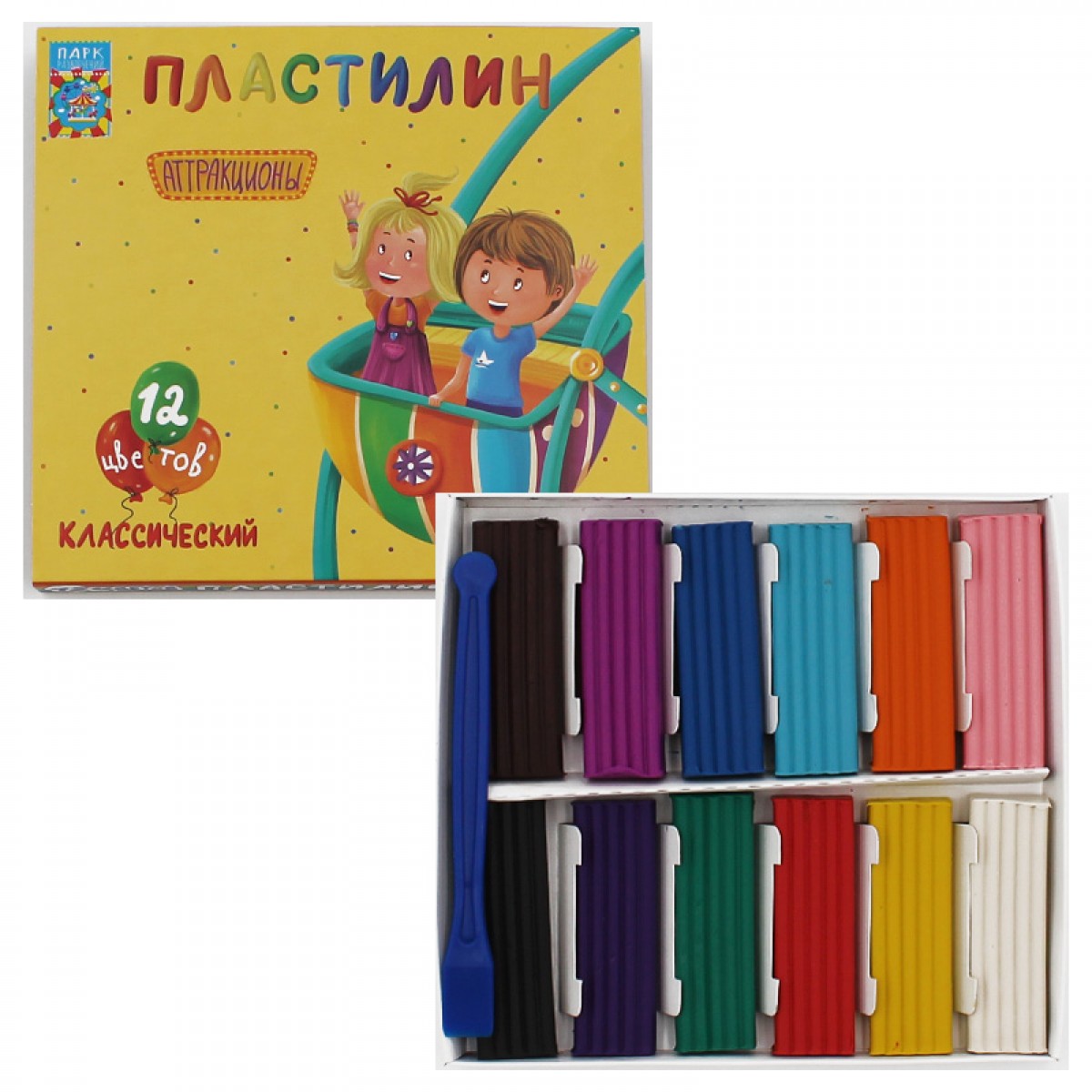 Пластилин классический Мегапласт "Аттракционы" 12цв. 240гр. Со стеком
