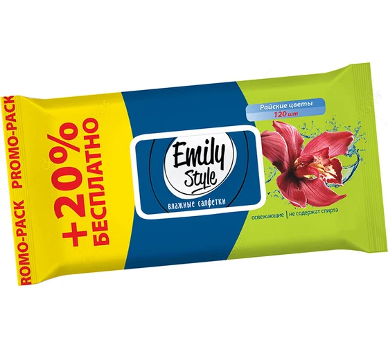Влажные салфетки EMILY STYLE Райские цветы 120 шт, упаковка с крышкой