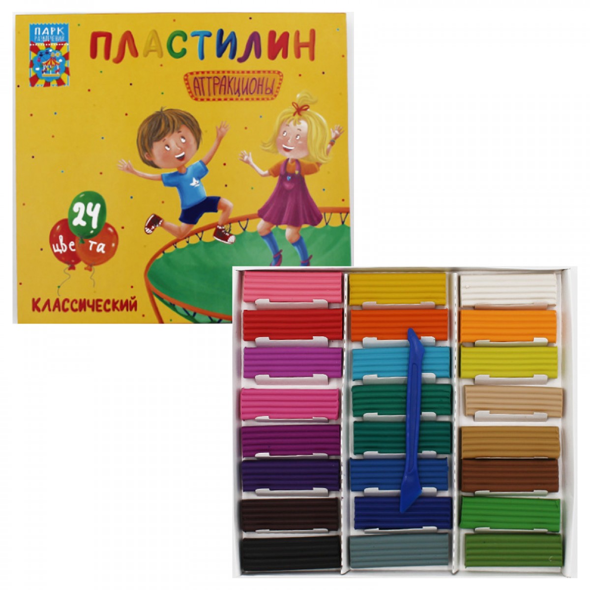 Пластилин классический Мегапласт "Аттракционы" 24цв. 480гр. Со стеком