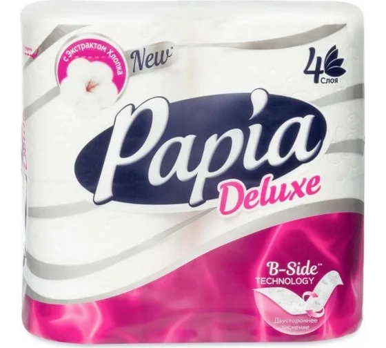 Туалетная бумага PAPIA Deluxe 4 слоя 4 рулона