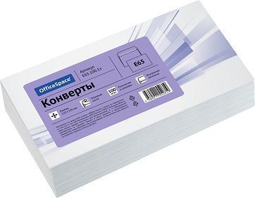 Конверт E65, OfficeSpace, 110*220мм, б/подсказа, б/окна, отр. лента