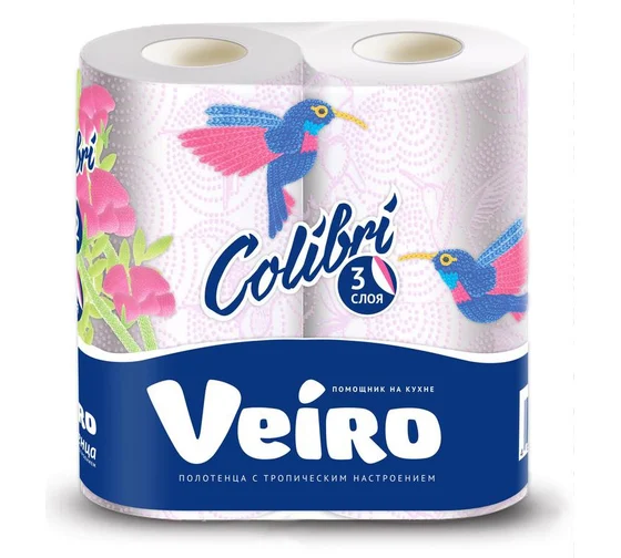 Полотенца бумажные Veiro "Colibri" 3-слойные, белые с голографическим тиснением, 2 рулона в упаковке