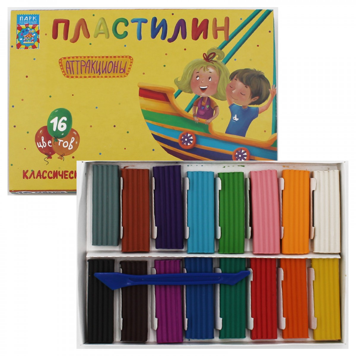 Пластилин классический Мегапласт "Аттракционы" 16цв. 320гр. Со стеком