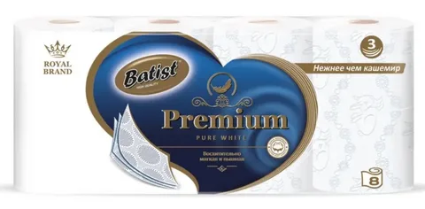 Туалетная бумага "Batist" 3-х сл. 8шт. Pure White
