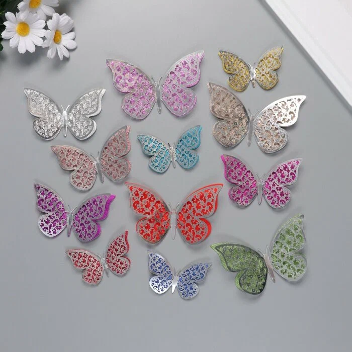 Наклейка бумага, пластик «Цветочные бабочки», блёстки цветные, набор 12 шт.: 12 см; 10 см; 8 см