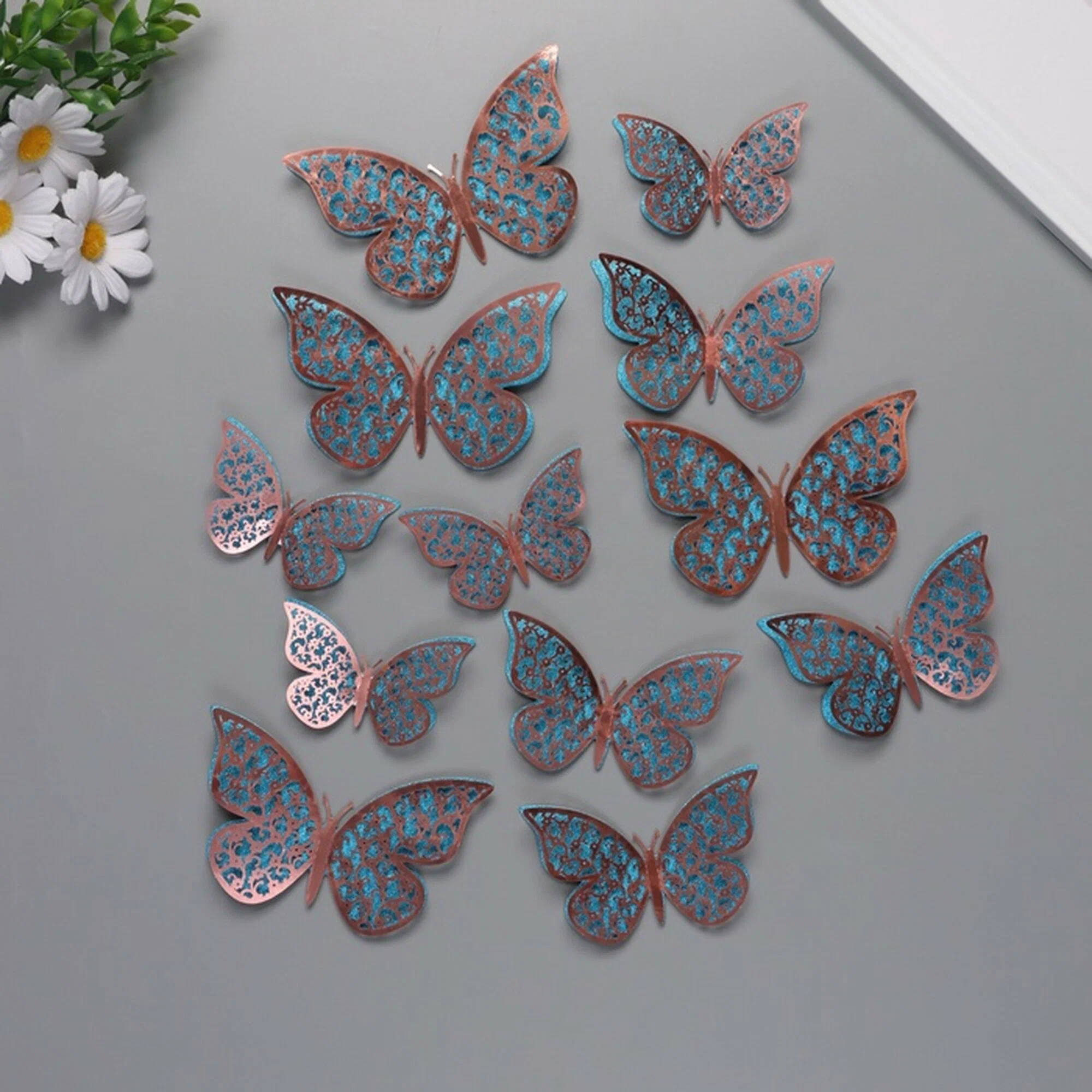 Наклейка бумага, пластик «Цветочные голубые бабочки», блёстки, набор 12 шт.: 12 см; 10 см; 8 см