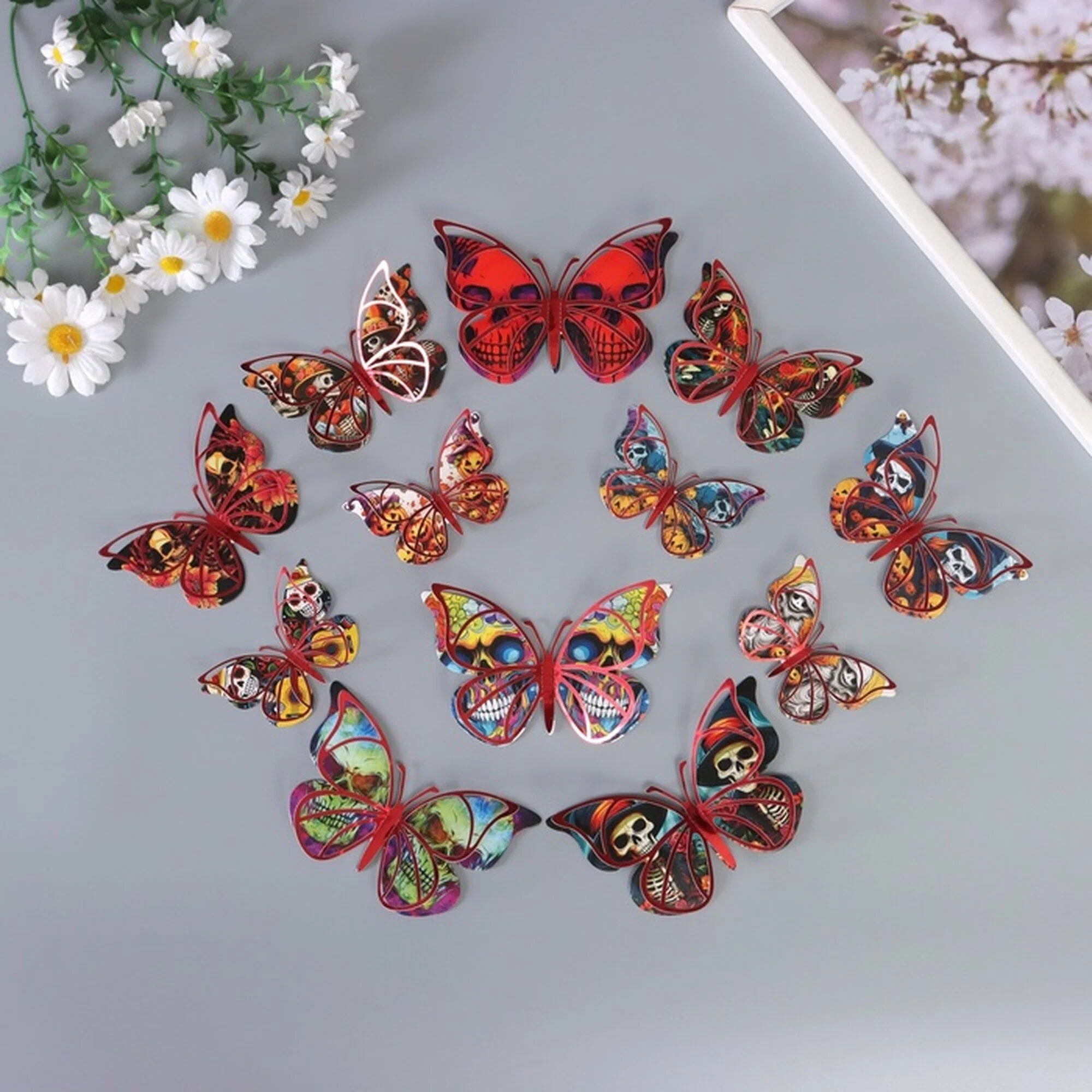 Наклейка бумага, пластик «Бабочки на Хэллоуин», красные, набор 12 шт.