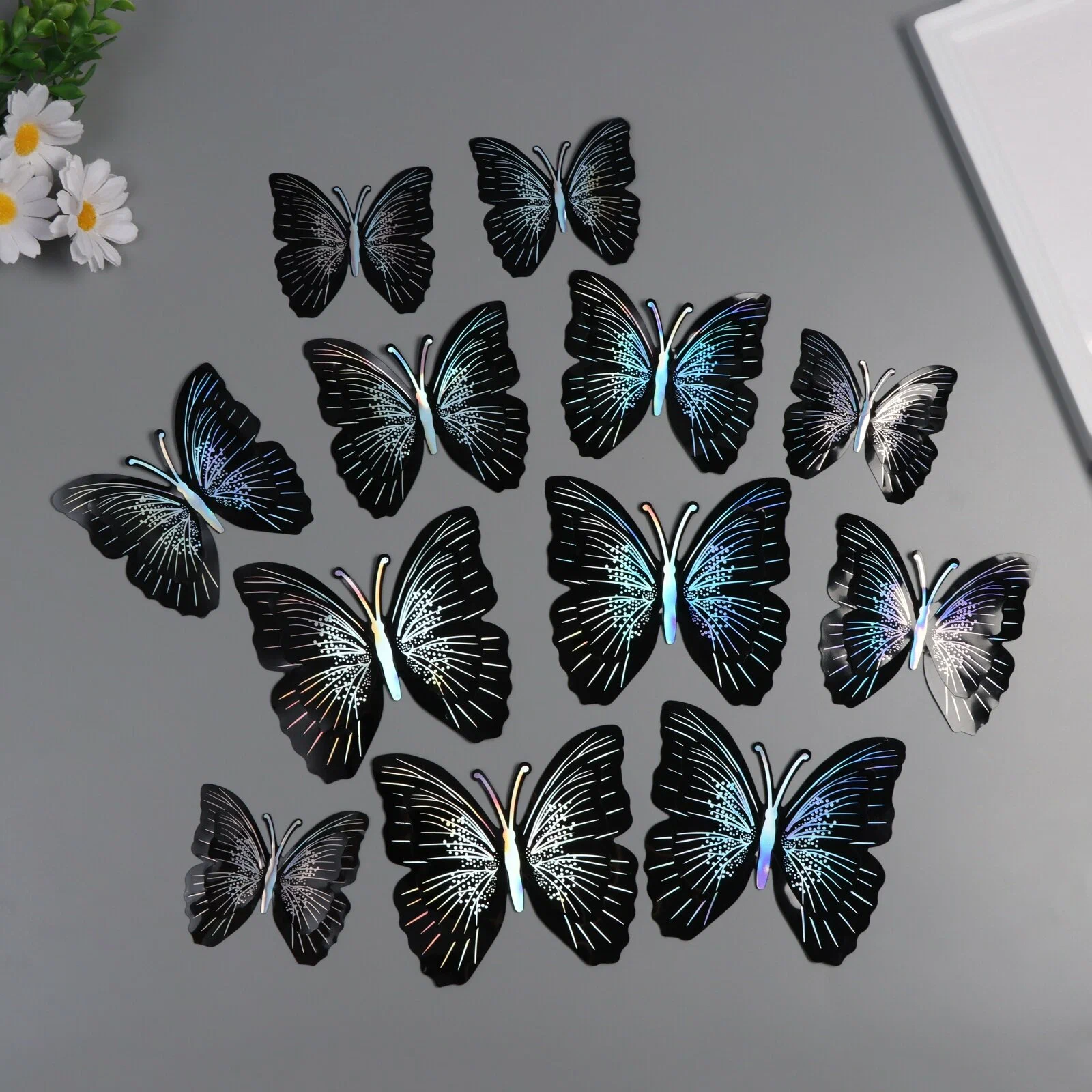 Наклейка пластик «Бабочки чёрные с серебром», двойные крылья, набор 12 шт.: 12 см, 10 см; 8 см