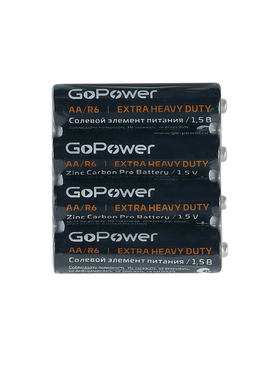 Батарейки КОМПЛЕКТ, 4 шт, пальчиковые (АА), солевая, R06, 4 шт, без блистера, GoPower