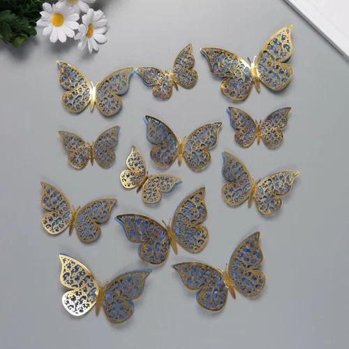 Наклейка бумага, пластик «Цветочные бабочки синие», блёстки, набор 12 шт.: 12 см; 10 см; 8 см