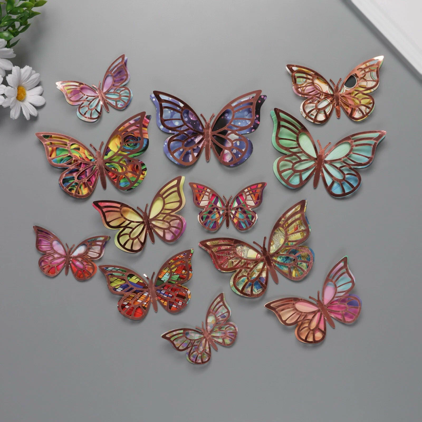 Наклейка бумага, пластик «Бабочки, цветные пятна», розовые, набор 12 шт.: 12 см; 10 см; 8 см