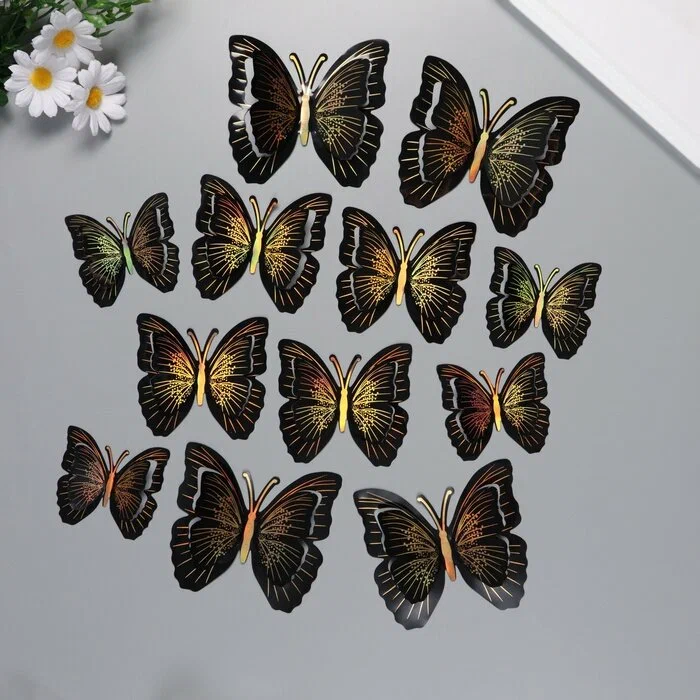 Наклейка пластик «Бабочки чёрные с золотом», двойные крылья, набор 12 шт.: 12 см, 10 см; 8 см