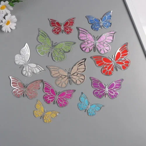 Наклейка бумага, пластик «Бабочки, цветной глиттер», серебро, набор 12 шт.: 12 см; 10 см; 8 см