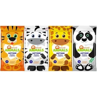 Салфетки влажные SMАRT animals 8*8 шт c ромашкой и витамином Е микс шт штр.9140