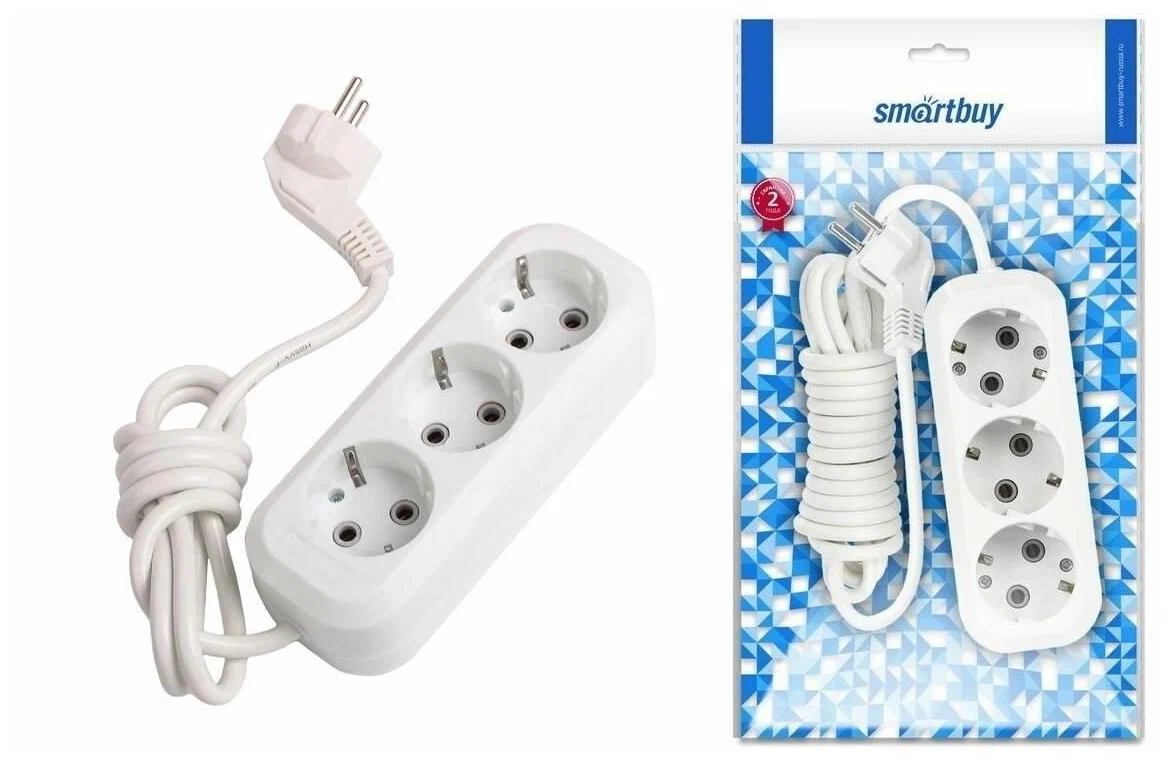 Сетевой удлинитель SmartBuy ПВС 3х1 3 розетки, 5 метров, 16А, с заземлением и выключателем, корпус АБС-пластик SBE-16-3-05-ZS
