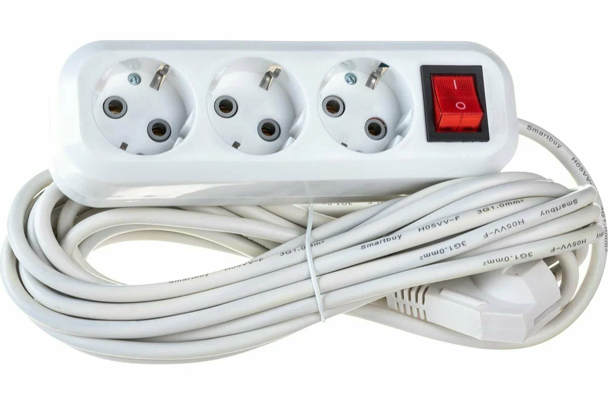 Сетевой удлинитель SmartBuy ПВС 3х1 3 розетки, 3 метра, 16А, с заземлением и выключателем, корпус АБС-пластик SBE-16-3-03-ZS