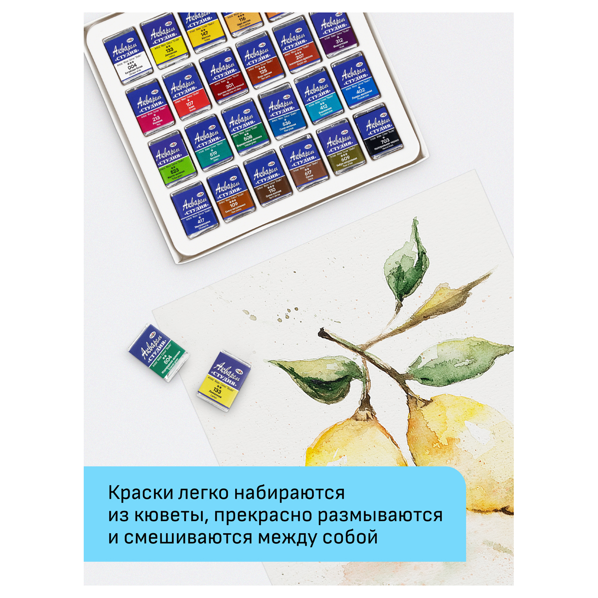 Акварель художественная полусухая в кюветах "Студия" 24цв 215001