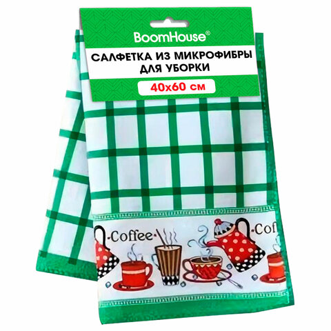 Салфетка из МИКРОФИБРЫ универсальная, 40х60 см, зеленая клетка, орнамент, 240 г/м2, BOOMHOUSE (БУМХАУС), 700878