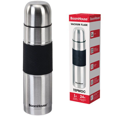 Термос 1 л, BOOMHOUSE (БУМХАУС) CLASSIC, нержавеющая сталь SUS304, черный силиконовый рукав, крышка/кружка, 700308